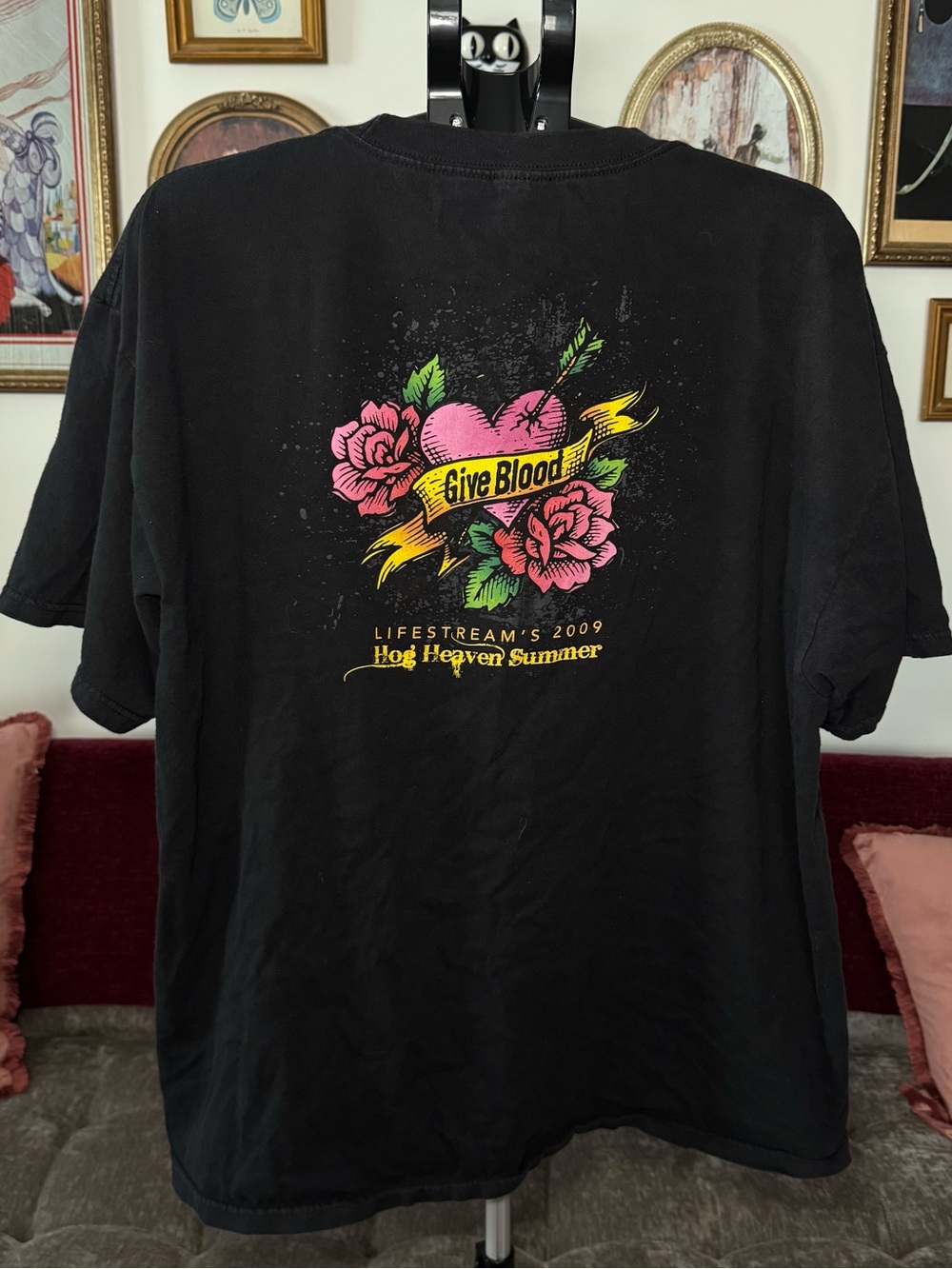 Give Blood Graphic Black Cotton Harley Davidson Tee - Men's Retro Heart & Roses